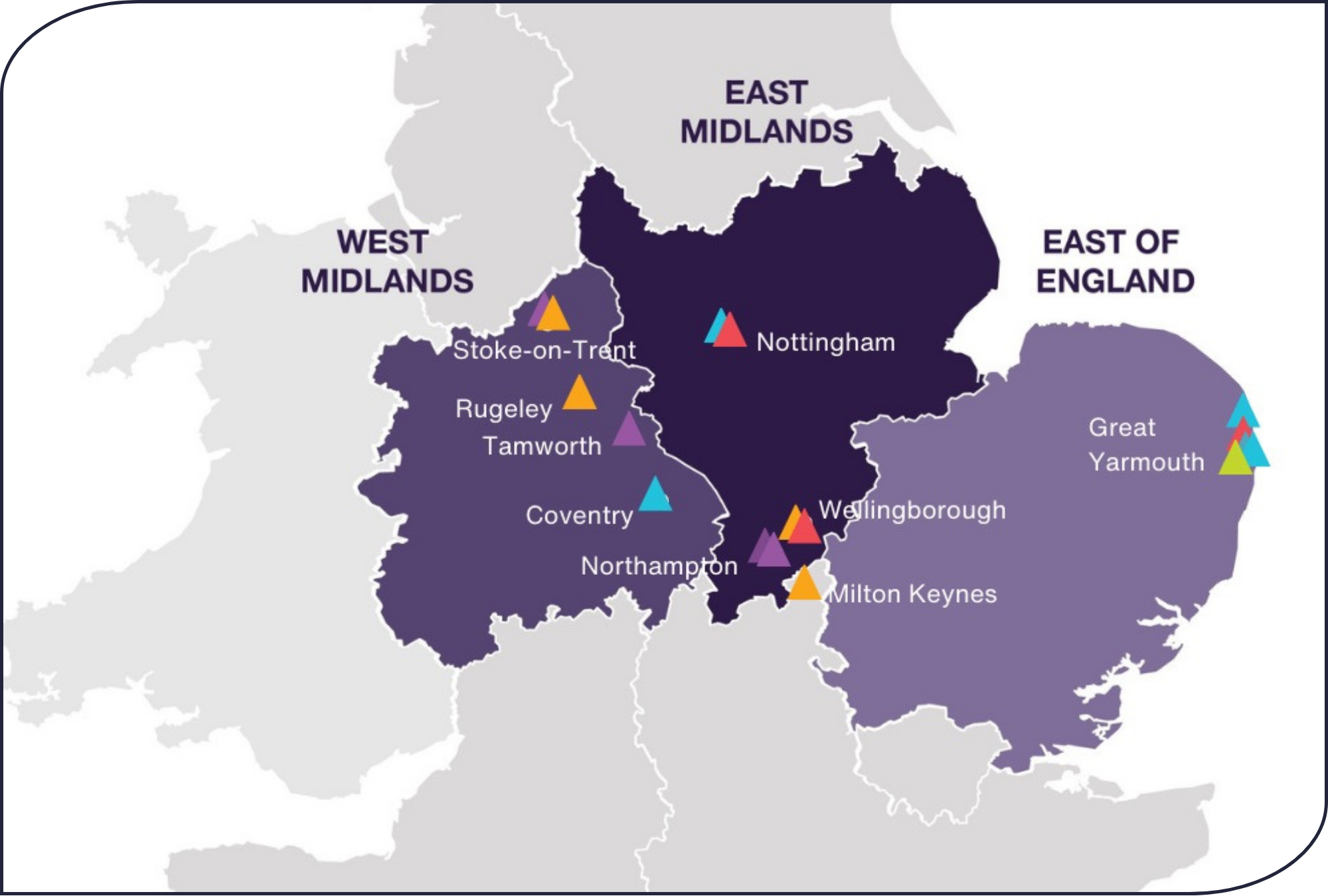 Map of England showing location of CET schools in each region